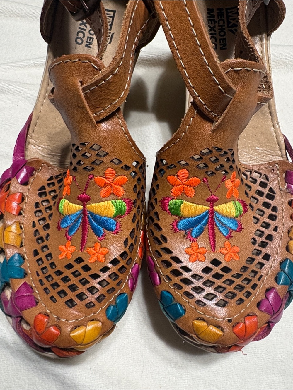 Women’s Brown Embroidered Leather Huarache Sandals - Colorful Butterfly